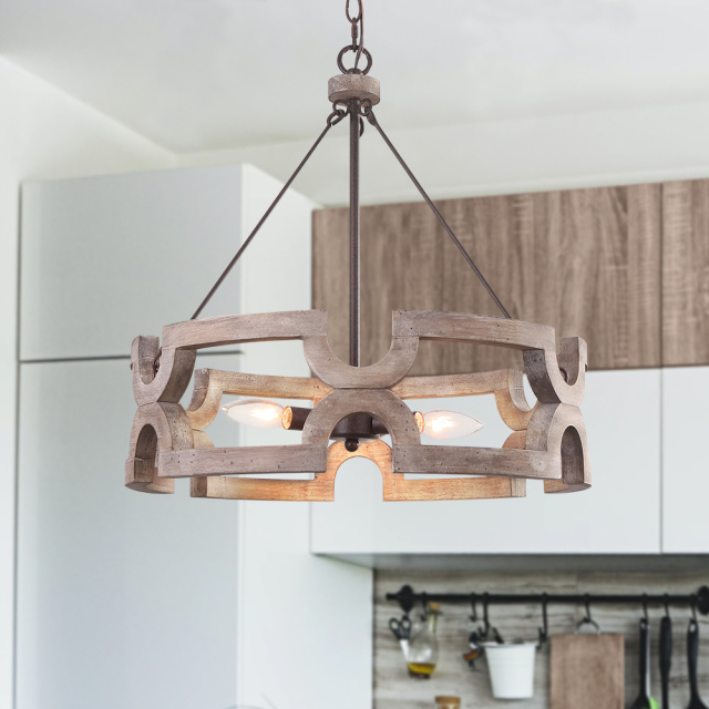 Modern Farmhouse 3/6 Lights Wooden Drum Chandelier for Entryway/Kitchen/Dining Room