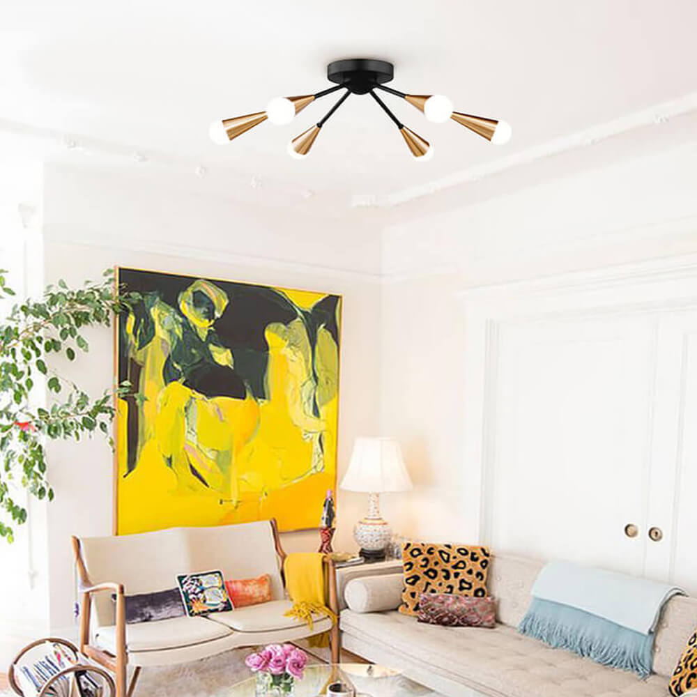 Mid Century Modern Brass Semi Flush Mount Chandelier in Black Finish for Living /Dining Room /Bedroom