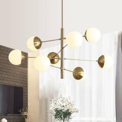 Mid Century Modern 8/10 Light Brass Chandelier with Opal Globes for Dinging Table Living Room Restaurant