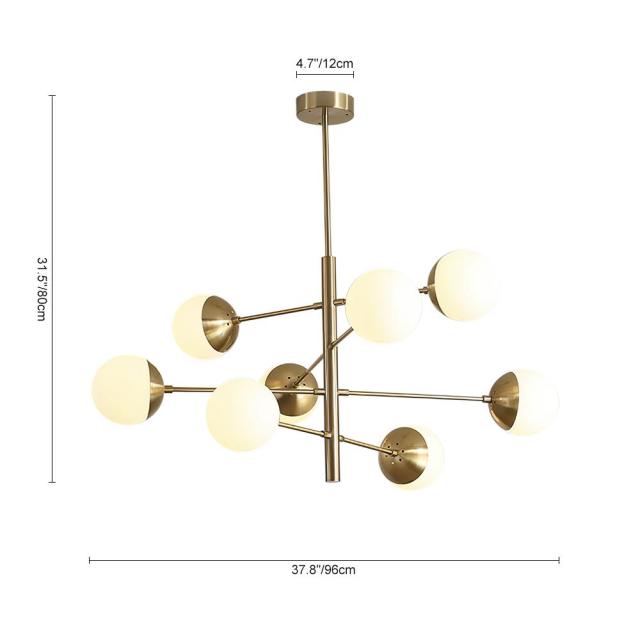 Mid Century Modern 8/10 Light Brass Chandelier with Opal Globes for Dinging Table Living Room Restaurant