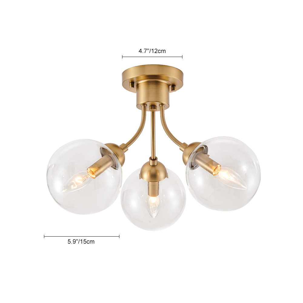 3-Light Mid-Century Gold Sputnik Semi Flush Mount with Clear Glass Globe for Bedroom/ Kitchen/ Living Room