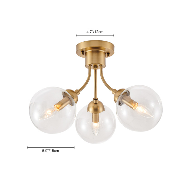 3-Light Mid-Century Gold Sputnik Semi Flush Mount with Clear Glass Globe for Bedroom/ Kitchen/ Living Room