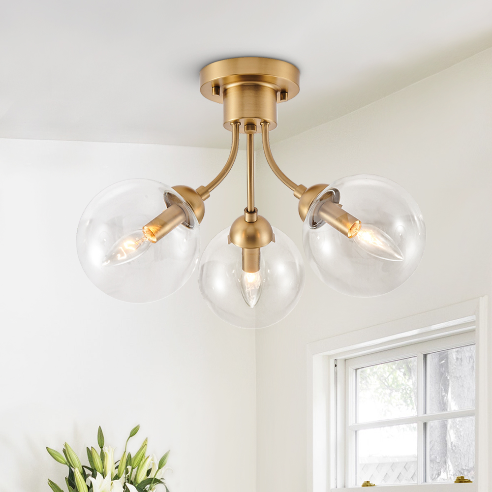 3-Light Mid-Century Gold Sputnik Semi Flush Mount with Clear Glass Globe for Bedroom/ Kitchen/ Living Room