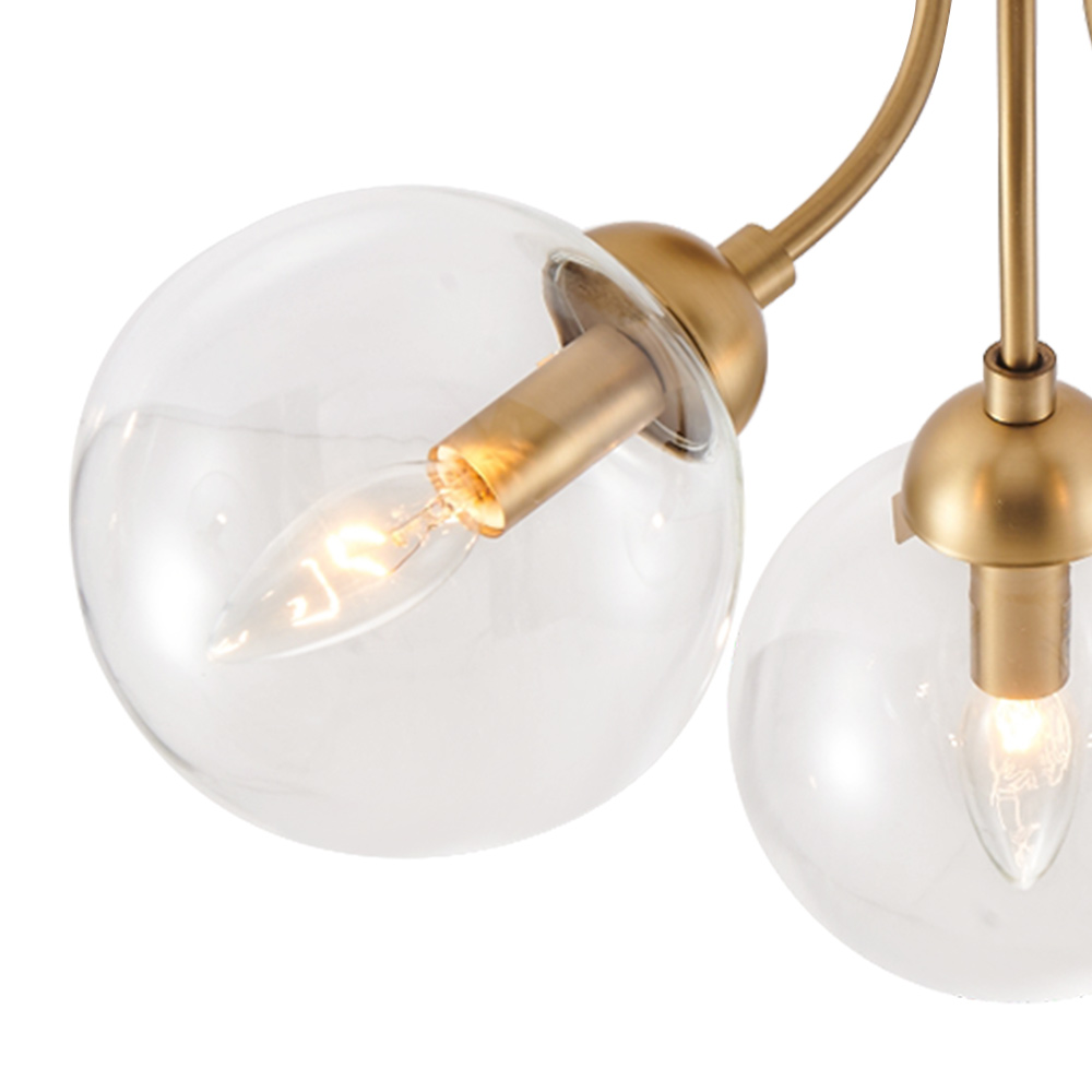 3-Light Mid-Century Gold Sputnik Semi Flush Mount with Clear Glass Globe for Bedroom/ Kitchen/ Living Room