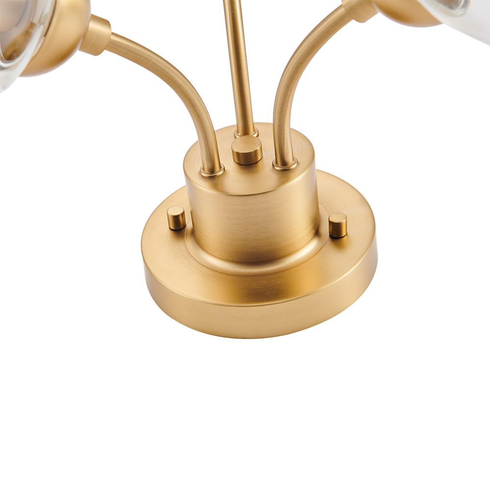 3-Light Mid-Century Gold Sputnik Semi Flush Mount with Clear Glass Globe for Bedroom/ Kitchen/ Living Room