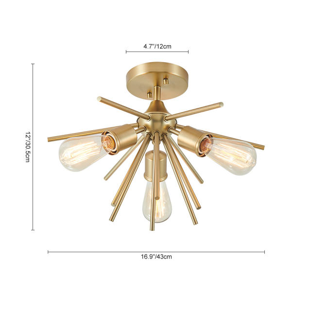 3-Light Modern Gold Sputnik Semi Flush Mount for Dining Room/ Living Room /Bedroom
