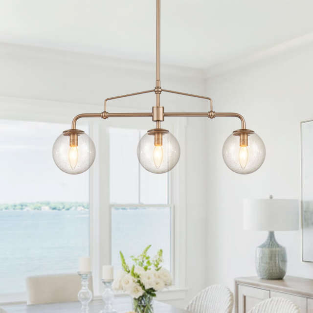 Modern Contemporary 3 Light Linear Pendant Lighting with Seeded Glass Globes for Kitchen Island Dining Room