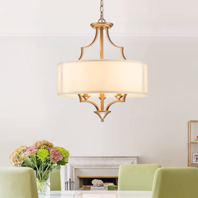 Mid-century Modern Brass Candle Island Chandelier in Drum Fabric Shade for Dinging Room/ Living Room/ Kitchen