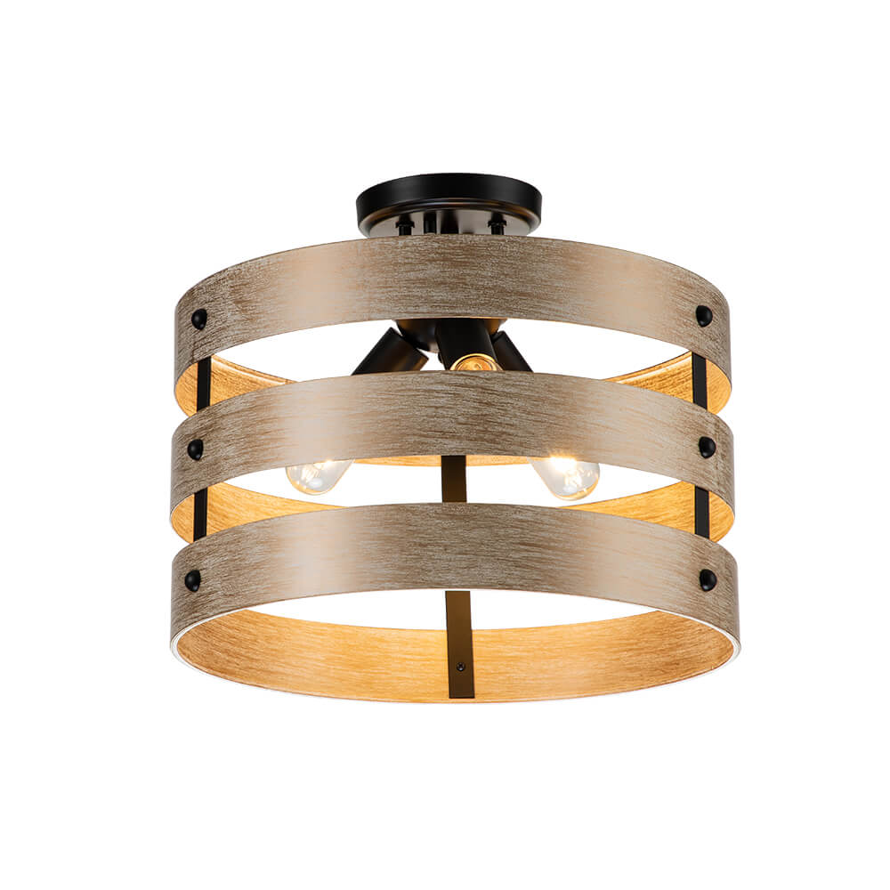Modern Farmhouse Tiered Faux Wood Drum Flush Mount Ceiling Light for Kitchen Island /Dining Room /Hallway