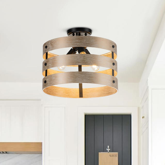 Modern Farmhouse Tiered Faux Wood Drum Flush Mount Ceiling Light for Kitchen Island /Dining Room /Hallway
