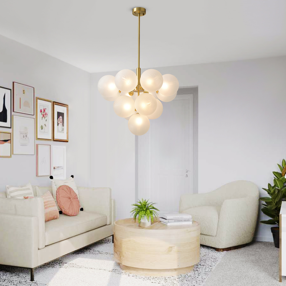 Contemporary Modern 5/13 Light Brass Bubble Cluster Grape Chandelier in Opal Textured White Glass Shade for Living /Dining Room