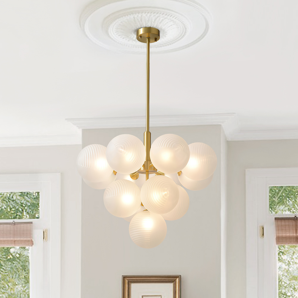 Contemporary Modern 5/13 Light Brass Bubble Cluster Grape Chandelier in Opal Textured White Glass Shade for Living /Dining Room