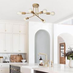 Modern Mid-Century 6 Light Brass Sputnik Semi Flush Mount for Kitchen Foyer Bedroom