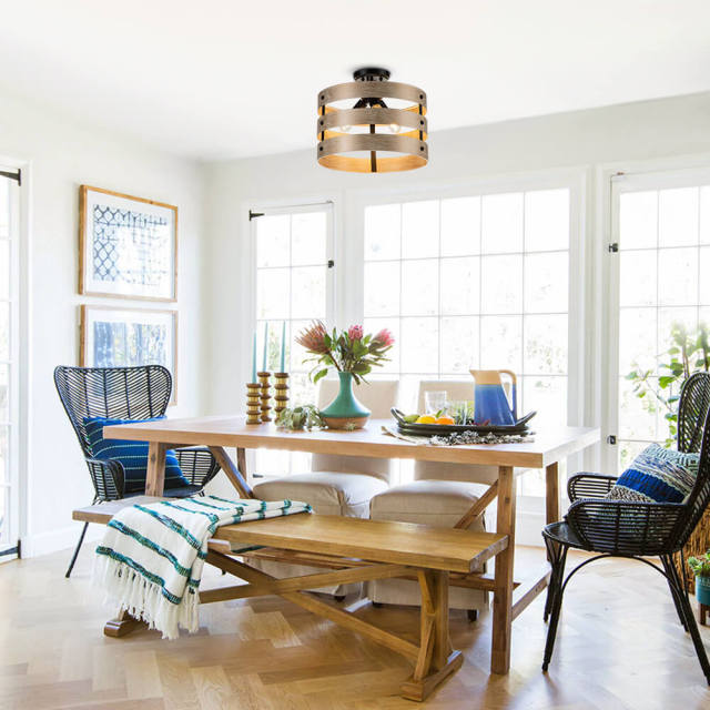 Modern Farmhouse Tiered Faux Wood Drum Flush Mount Ceiling Light for Kitchen Island /Dining Room /Hallway