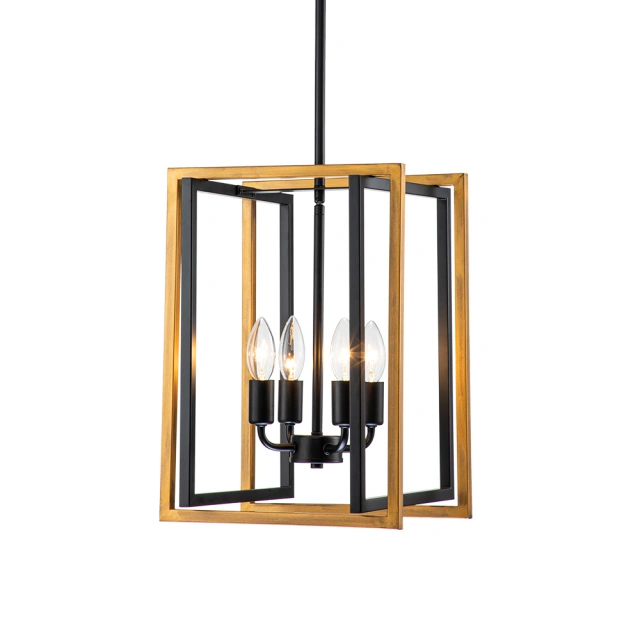 Modern Farmhouse Lantern Chandelier Wooden Square Metal Pendant Lighting for Restaurant/ Bedroom/ Living Room/ Dining Room