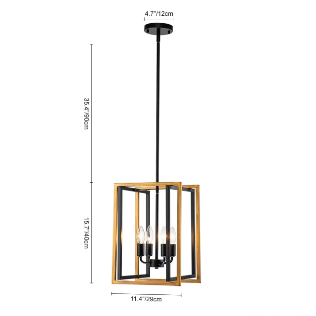 Modern Farmhouse Lantern Chandelier Wooden Square Metal Pendant Lighting for Restaurant/ Bedroom/ Living Room/ Dining Room