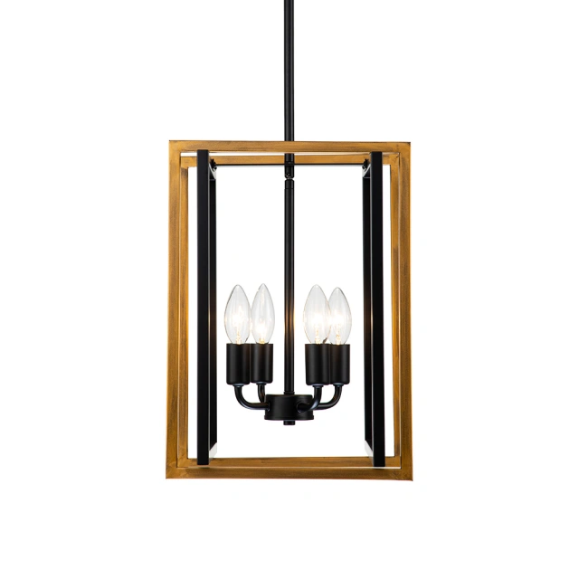 Modern Farmhouse Lantern Chandelier Wooden Square Metal Pendant Lighting for Restaurant/ Bedroom/ Living Room/ Dining Room