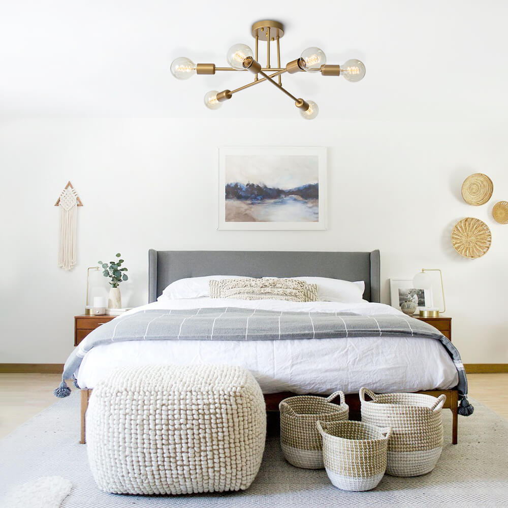 Modern Mid-Century 6 Light Brass Sputnik Semi Flush Mount for Kitchen Foyer Bedroom