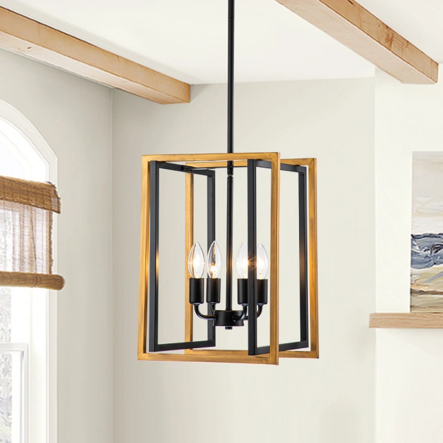 Modern Farmhouse Lantern Chandelier Wooden Square Metal Pendant Lighting for Restaurant/ Bedroom/ Living Room/ Dining Room