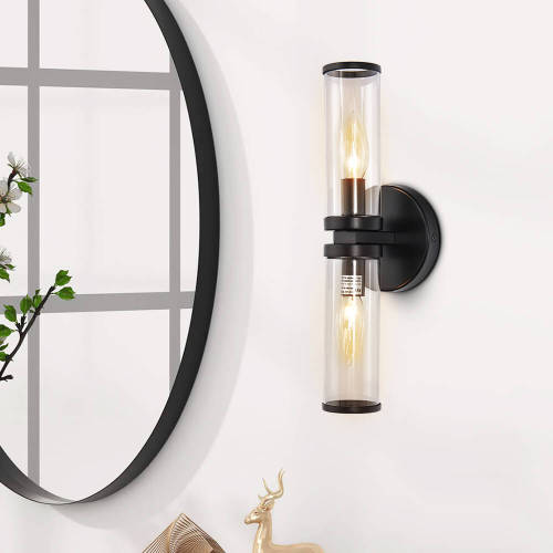 2-Light Modern Brass/ Black Cylinder Clear Glass Wall Sconces Wall Lights for Front Door/ Entryway/Living Room Bathroom Vanity Light