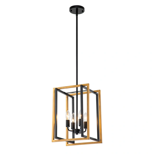 Modern Farmhouse Lantern Chandelier Wooden Square Metal Pendant Lighting for Restaurant/ Bedroom/ Living Room/ Dining Room