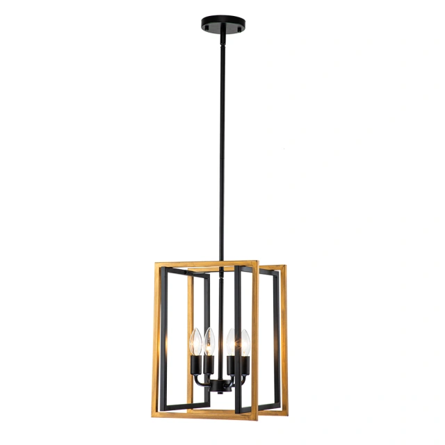 Modern Farmhouse Lantern Chandelier Wooden Square Metal Pendant Lighting for Restaurant/ Bedroom/ Living Room/ Dining Room