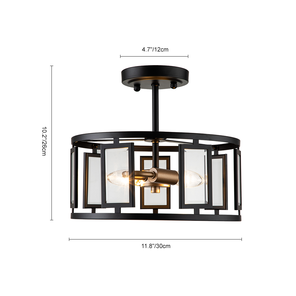 Modern Farmhouse Round Glass Semi Flush Mount Ceiling Light Fitting in Open Cage Design for Kitchen Island /Dining Room /Hallway