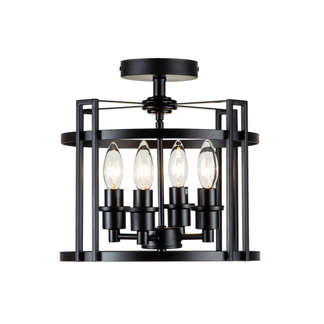 Modern Farmhouse Metal Round Semi Flush Mount Black Open Cage Ceiling Light Fixture in Candle Style for Hallyway/ Gallery/ Restaurent
