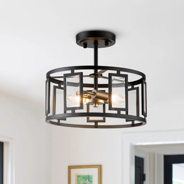 Modern Farmhouse Round Glass Semi Flush Mount in Open Cage Design for Kitchen Island /Dining Room /Hallway