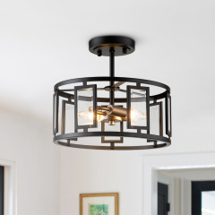 Modern Farmhouse Round Glass Semi Flush Mount Ceiling Light Fitting in Open Cage Design for Kitchen Island /Dining Room /Hallway