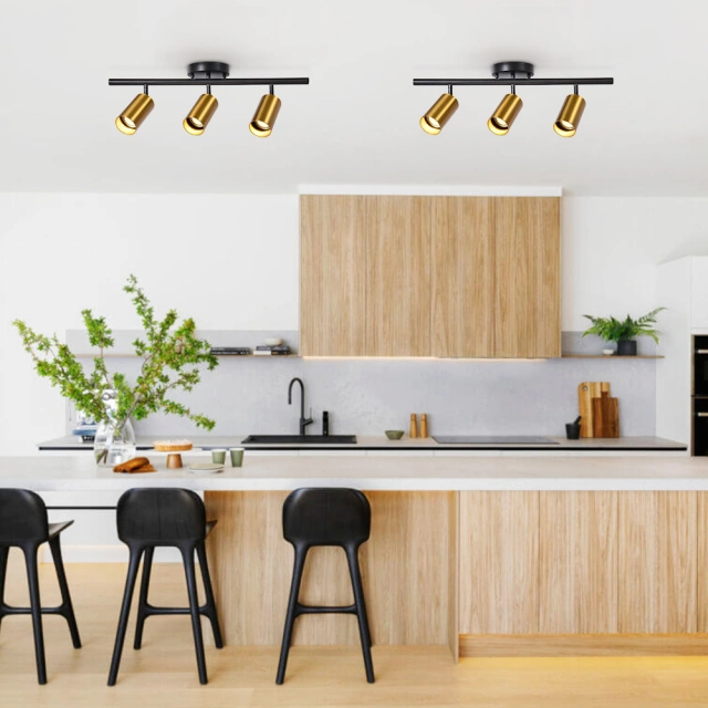 Modern 3-Light Track Light Flush Mount Ceiling Light Fitting in Black+Gold for Kitchen Island /Dining Room /Hallway