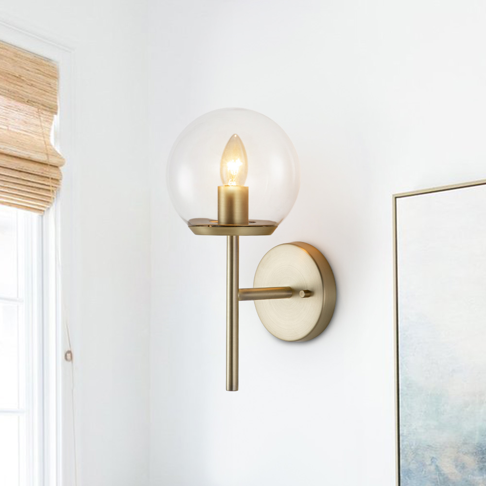 Minimalist 1-Light Modern Wall Lamp Brass Clear/ Opal Glass Globe Wall Sconces Wall Lights for Front Door/ Entryway/ Living Room