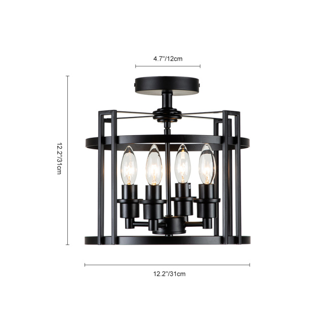 Modern Farmhouse Metal Round Semi Flush Mount Black Open Cage Ceiling Light Fixture in Candle Style for Hallyway/ Gallery/ Restaurent