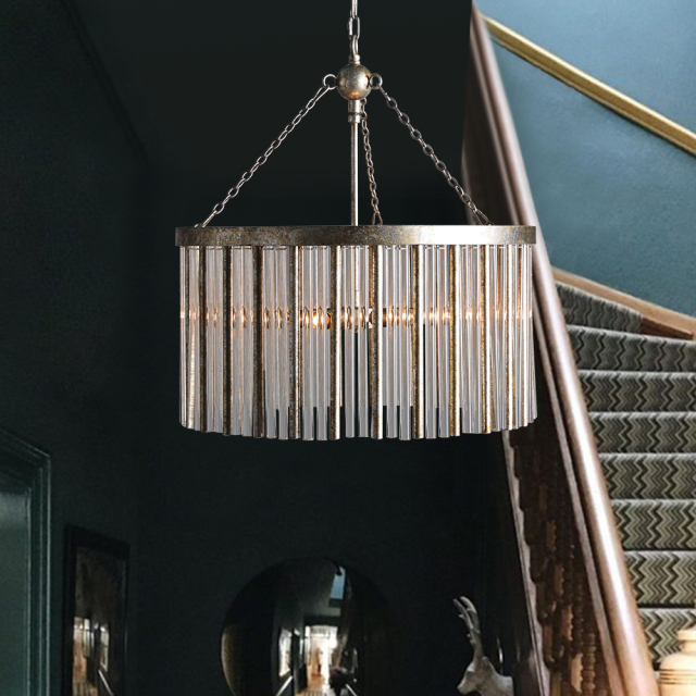 Glam Modern Luxury Round Glass Strips Chandelier in Antiqued Silver Finish for Foyer Living /Dining Room