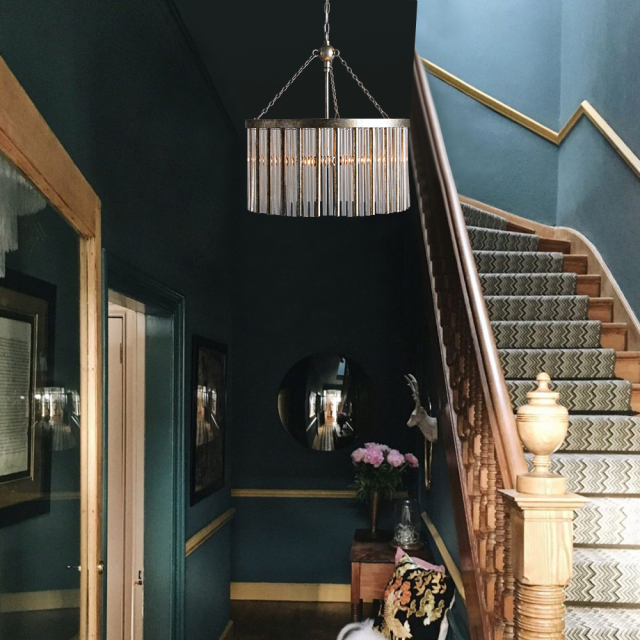 Glam Modern Luxury Round Glass Strips Chandelier in Antiqued Silver Finish for Foyer Living /Dining Room