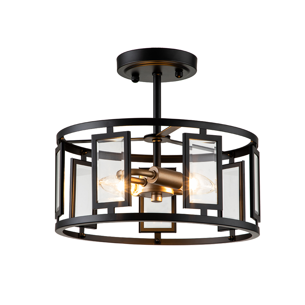 Modern Farmhouse Round Glass Semi Flush Mount Ceiling Light Fitting in Open Cage Design for Kitchen Island /Dining Room /Hallway