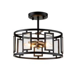 Modern Farmhouse Round Glass Semi Flush Mount in Open Cage Design for Kitchen Island /Dining Room /Hallway