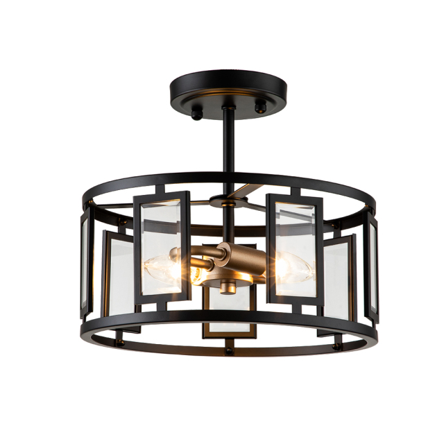 Modern Farmhouse Round Glass Semi Flush Mount in Open Cage Design for Kitchen Island /Dining Room /Hallway