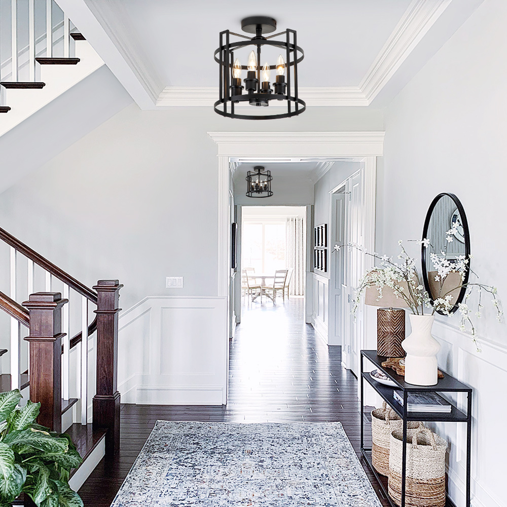 Modern Farmhouse Metal Round Semi Flush Mount Black Open Cage Ceiling Light Fixture in Candle Style for Hallyway/ Gallery/ Restaurent