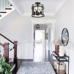 Modern Farmhouse Metal Round Semi Flush Mount Black Open Cage Ceiling Light Fixture in Candle Style for Hallyway/ Gallery/ Restaurent