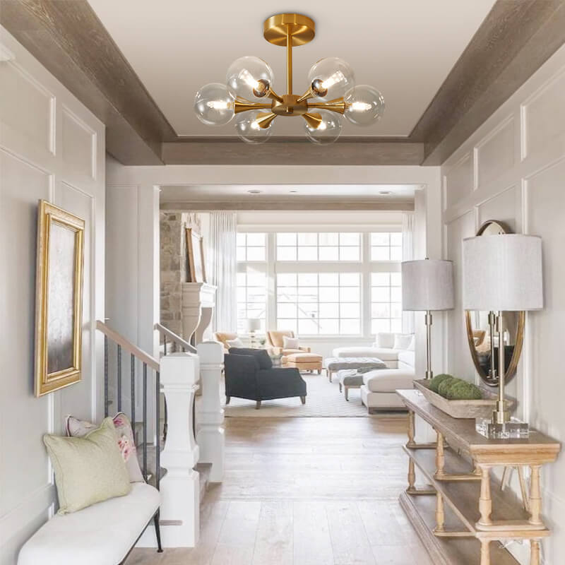 Brass Modern Mid-Century Clear Glass Shade Chandelier Ceiling Light with 6-Light For Bedroom/Hallway/Bathroom