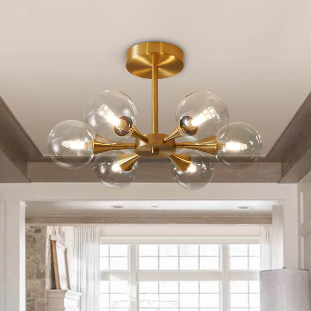 Brass Modern Clear Glass Shade Chandelier Ceiling Light with 6-Light For Bedroom/Hallway/Bathroom