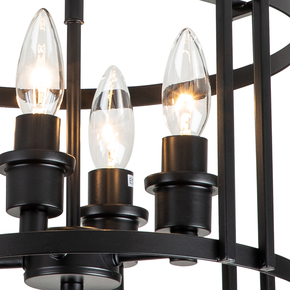 Modern Farmhouse Metal Round Semi Flush Mount Black Open Cage Ceiling Light Fixture in Candle Style for Hallyway/ Gallery/ Restaurent