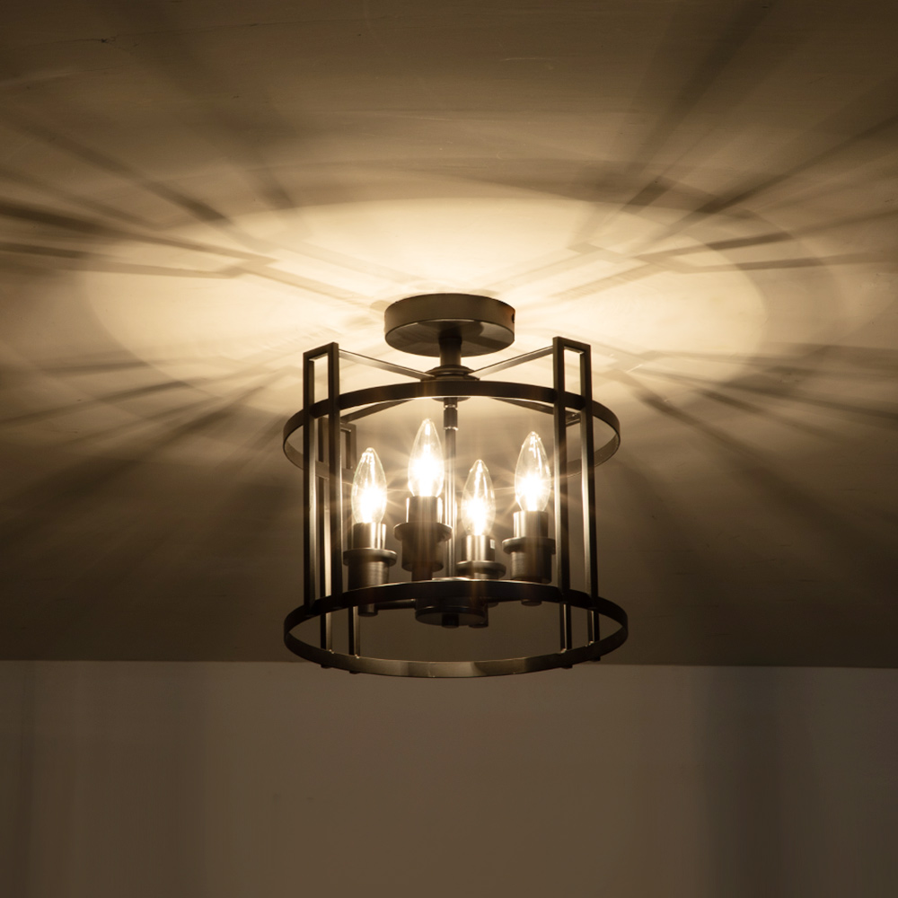 Modern Farmhouse Metal Round Semi Flush Mount Black Open Cage Ceiling Light Fixture in Candle Style for Hallyway/ Gallery/ Restaurent