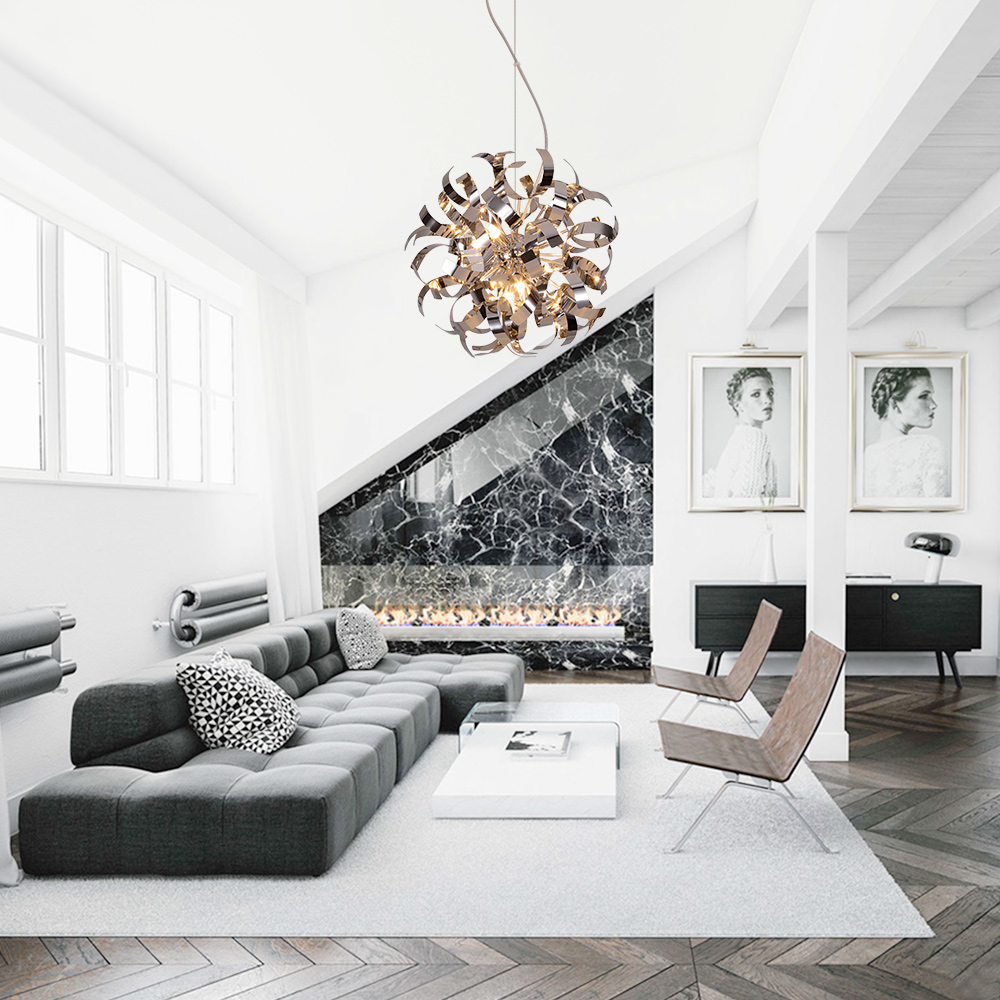 8/12-Light Modern Stainless Steel Spiral Arms Sputnik Chandelier Firework Pendant Lighting for Living Room/Dining Room/ Lobby/ Restaurant