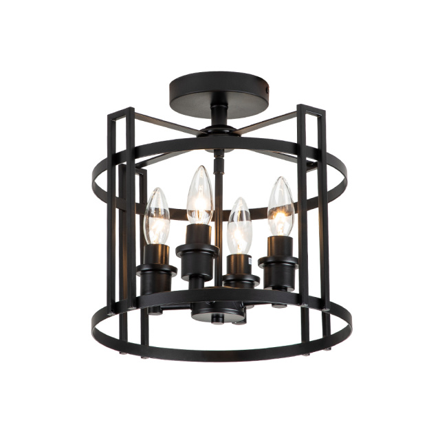 Modern Farmhouse Metal Round Semi Flush Mount Black Open Cage Ceiling Light Fixture in Candle Style for Hallyway/ Gallery/ Restaurent