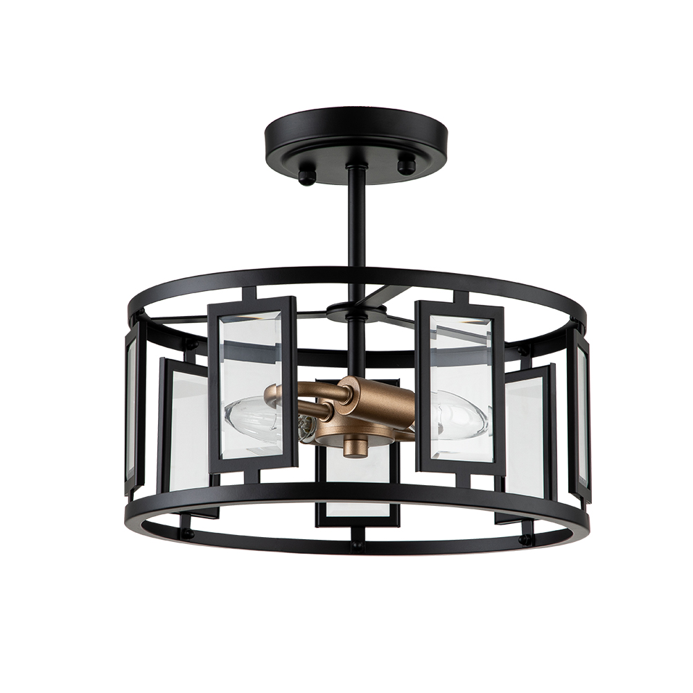 Modern Farmhouse Round Glass Semi Flush Mount Ceiling Light Fitting in Open Cage Design for Kitchen Island /Dining Room /Hallway