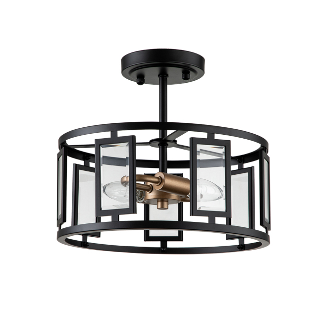 Modern Farmhouse Round Glass Semi Flush Mount in Open Cage Design for Kitchen Island /Dining Room /Hallway