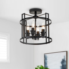 Modern Farmhouse Metal Round Semi Flush Mount Black Open Cage Ceiling Light Fixture in Candle Style for Hallyway/ Gallery/ Restaurent