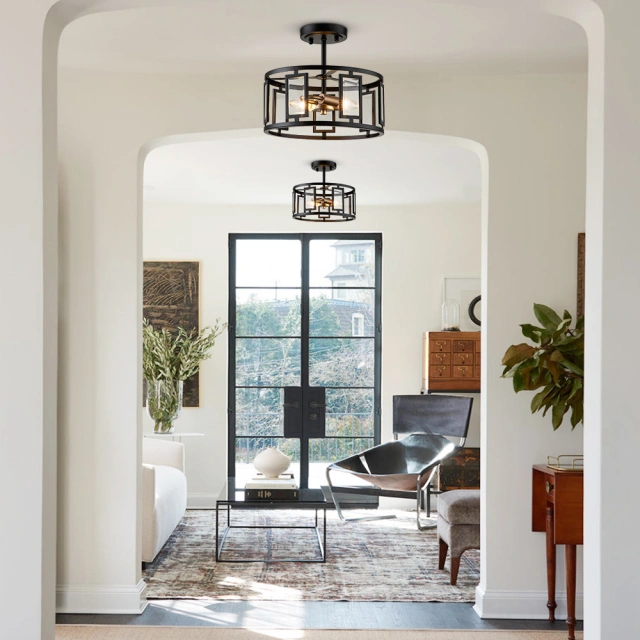 Modern Farmhouse Round Glass Semi Flush Mount in Open Cage Design for Kitchen Island /Dining Room /Hallway